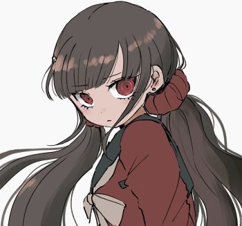 1girl blunt_bangs brown_hair commentary_request danganronpa_(series) danganronpa_v3:_killing_harmony earrings frown hair_ornament hair_scrunchie harukawa_maki highres jewelry long_hair long_sleeves looking_at_viewer low_twintails miriiin_dr mole mole_under_eye red_eyes red_scrunchie red_shirt sailor_collar school_uniform scrunchie shirt simple_background solo twintails white_background