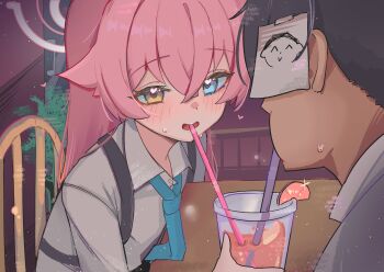 1boy 1girl absurdres black_hair blue_archive blue_eyes doodle_sensei_(blue_archive) drinking_straw drinking_straw_in_mouth hair_between_eyes halo heart heart-shaped_pupils heterochromia high_(hgih) highres hoshino_(blue_archive) long_hair looking_at_another pink_halo sensei_(blue_archive) shared_drink shirt short_hair symbol-shaped_pupils white_shirt yellow_eyes