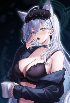 1girl ahoge animal_ear_fluff animal_ears black_bra black_choker black_halo black_shirt blue_archive bra breasts by_mirin choker cleavage commentary cross cross_hair_ornament cup english_commentary extra_ears grey_hair hair_ornament halo hand_up highres holding holding_cup inverted_cross lace lace-trimmed_bra lace_trim large_breasts long_hair looking_at_viewer mask mask_on_head mismatched_pupils open_clothes open_mouth open_shirt shiroko_terror_(blue_archive) shirt single_off_shoulder sleep_mask sleeves_past_wrists solo teeth underwear upper_teeth_only uwu very_long_hair wolf_ears wolf_girl yawning