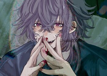 1boy blood blood_on_hands blue_shirt commentary_request crazy hair_between_eyes looking_ahead male_focus medium_hair nosebleed open_mouth original own_hands_together portrait purple_eyes purple_hair sahi00000 shirt smile solo sweat