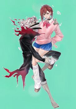 1boy 1girl arm_around_shoulder ayase_momo barefoot black_choker black_jacket black_nails black_pants blue_skirt bow bowtie breasts brown_eyes brown_hair brown_shoes choker collared_shirt crossed_bangs dandadan earrings facial_mark full_body gakuran glasses green_background hair_between_eyes highres holding_another's_ankle jacket jewelry jojoker20092 loafers loose_socks medium_breasts medium_hair multicolored_hair nail_polish pants pants_rolled_up parted_lips pink_sweater pleated_skirt red_bow red_bowtie red_eyes red_hair school_uniform shirt shirt_under_sweater shoes short_hair skirt socks streaked_hair sweater takakura_ken_(dandadan) takakura_ken_(transformed)_(dandadan) teeth toenail_polish toenails wavy_hair white_hair white_socks