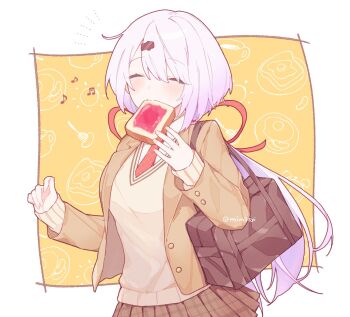 1girl artist_name bag blush bread bread_slice breasts brown_bag brown_jacket brown_skirt closed_eyes closed_mouth collared_shirt commentary food food_in_mouth hair_ornament hair_ribbon hairclip highres jacket jam long_hair long_sleeves low_ponytail mim3syi mouth_hold musical_note necktie nijisanji pink_hair plaid_clothes plaid_skirt pleated_skirt ponytail red_necktie red_ribbon ribbon shiina_yuika shirt shoulder_bag skirt smile solo sweater toast toast_in_mouth twitter_username virtual_youtuber white_background white_shirt yellow_background yellow_sweater