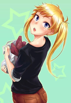 Rule 34 | 10s, 1girl, 71 (nanaichi drafting), amaama to inazuma, black shirt, blonde hair, blouse, blue eyes, female focus, food, kojika shinobu, shirt, sleeves rolled up, solo, sweet potato, twintails
