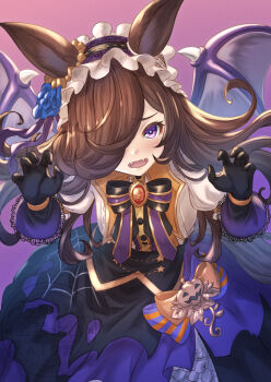 1girl animal_ears bat_wings black_gloves blue_flower blue_rose blush bow breasts brown_hair claw_pose commentary_request fangs flipped_hair flower frilled_hairband frills gloves hair_over_one_eye hairband halloween halloween_costume highres horse_ears horse_girl horse_tail jack-o'-lantern_ornament lace lace-trimmed_gloves lace_trim long_hair looking_at_viewer official_alternate_costume open_mouth puffy_short_sleeves puffy_sleeves purple_eyes purple_wings rice_shower_(umamusume) rice_shower_(vampire_makeover!)_(umamusume) rose shirt short_sleeves skirt small_breasts smile solo spider_web_print tail umamusume white_shirt wings yakkuro