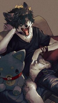 1boy black_hair black_shirt body_fur brown_background claws collar commentary cowboy_shot denim ear_piercing fuji_166 furry furry_male grey_fur highres jeans jewelry male_focus multiple_rings open_fly open_mouth original pants piercing ring scratching_head scratching_stomach shirt short_hair simple_background sitting solo stuffed_animal stuffed_toy stuffed_wolf symbol-only_commentary tail torn_clothes torn_jeans torn_pants wolf_boy yawning