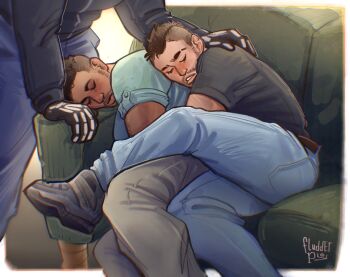 3boys alternate_costume bara beard_stubble call_of_duty couch couple dark-skinned_male dark_skin denim facial_hair feet_out_of_frame gaz_(call_of_duty_4) ghost_(modern_warfare_2) highres jeans leg_on_another&#039;s_leg leg_up male_focus mature_male multiple_boys on_couch pants profile shell_(fludderpy) short_hair sleeping sleeping_on_person soap_(modern_warfare_2) stubble yaoi