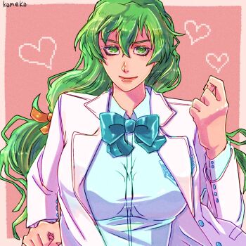 1girl bleach bleach:_sennen_kessen-hen breasts espada green_eyes green_hair komeko_(strikek-lvvjm27) large_breasts long_hair nelliel_tu_odelschwanck official_alternate_costume school_uniform solo twintails upper_body