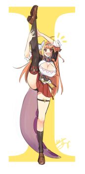 Rule 34 | 1girl, ahoge, arms up, asymmetrical legwear, black hairband, black jacket, black thighhighs, blonde hair, blouse, blunt bangs, blush, bow, bowtie, braid, breasts, brooch, brown footwear, checkered clothes, checkered legwear, clothing cutout, collared shirt, commentary request, diagonal-striped bow, dragon girl, dragon horns, dragon tail, fang, flexible, full body, gem, hair ornament, hairband, highres, hip vent, hololive, horn bow, horn ornament, horns, isuka, jacket, jewelry, kiryu coco, kiryu coco (1st costume), large breasts, leg up, letter pose, long hair, looking at viewer, miniskirt, multicolored hair, open mouth, orange hair, pleated skirt, pointy ears, red eyes, red skirt, red thighhighs, scales, shirt, side-tie skirt, side braid, signature, simple background, single braid, single thighhigh, skin fang, skirt, smile, solo, split, standing, standing on one leg, standing split, streaked hair, striped bow, tail, thigh strap, thighhighs, thighs, uneven legwear, virtual youtuber, white shirt, wings