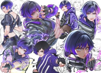 1girl absurdres ai_shou belt_collar black_gloves black_hair collar colored_tips electric_wind_god_fist fighting_stance fingerless_gloves glaring gloves highres hood jacket leg_warmers looking_at_viewer multicolored_hair multicolored_jacket multiple_views purple_eyes purple_hair purple_jacket purple_leg_warmers purple_lightning reina_(tekken) short_hair sketch_background sports_bra_over_clothes tekken tekken_8 two-tone_jacket