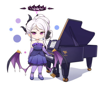 Rule 34 | 1girl, absurdres, black halo, blue archive, chibi, demon girl, demon horns, demon wings, dress, elbow gloves, full body, gehenna academy logo, gloves, grand piano, halo, highres, hina (blue archive), hina (dress) (blue archive), horns, instrument, long hair, looking at viewer, low wings, paintlabor, piano, purple dress, purple eyes, purple gloves, solo, standing, white hair, wings