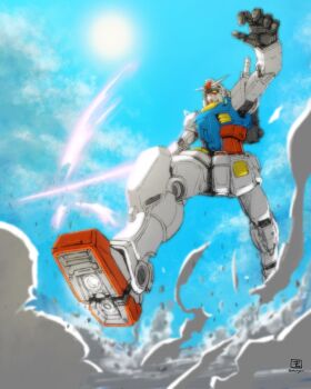 Rule 34 | absurdres, cloud, cloudy sky, commentary request, debris, dust cloud, energy sword, gundam, highres, jumping, mecha, mecha focus, mobile suit, mobile suit gundam, moyan, no humans, reaching, robot, rx-78-2 gundam, science fiction, signature, sky, smoke, sun, sunlight, sword, traditional media, v-fin, weapon, western comics (style), yellow eyes