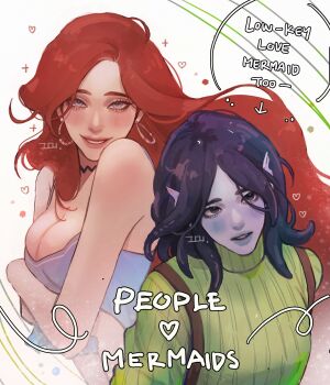 2girls absurdres b_borbor blue_hair blue_skin blush breasts chelsea_(ruby_gillman) colored_skin crop_top floating_hair grin highres large_breasts looking_at_viewer medium_hair multiple_girls red_hair ruby_gillman ruby_gillman:_teenage_kraken smile