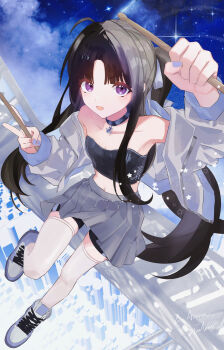 1girl absurdres ahoge awa_subaru bare_shoulders bike_shorts bike_shorts_under_skirt black_choker black_hair black_shorts black_tube_top blue_nails breasts choker drumsticks girls_band_cry grey_jacket grey_skirt hair_ribbon highres holding holding_drumsticks instrument jacket long_hair looking_at_viewer midriff nail_polish navel night open_clothes open_jacket open_mouth pleated_skirt ponytail purple_eyes ribbon shoes shorts shorts_under_skirt sinkerrrqaq skirt sky smile sneakers solo star_(sky) starry_sky strapless thighhighs tube_top very_long_hair white_thighhighs