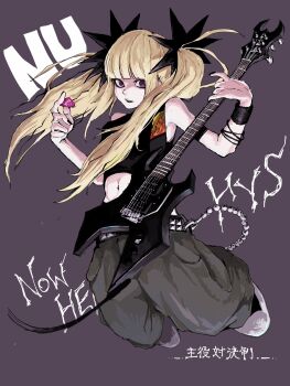 1girl belt black_lips black_nails black_shirt blonde_hair blunt_bangs crop_top electric_guitar grey_background grey_pants guitar hair_ornament highres holding holding_guitar holding_instrument holding_plectrum instrument jumping long_eyelashes long_hair midriff navel nu_punxxxz original pants plectrum purple_eyes ringed_eyes shirt shoes sneakers solo star_(symbol) star_hair_ornament studded_belt twintails wallet_chain