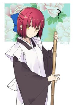 1girl ? apron bow broom hair_bow holding holding_broom japanese_clothes kohaku_(tsukihime) looking_at_viewer maid red_hair short_hair smile solo sumeragi_kohaku tsukihime wa_maid yellow_eyes