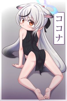 1girl absurdres all_fours animal_ears ass bad_tag blue_archive blush brown_eyes dress feet female_focus from_behind full_body grey_hair hair_ribbon halo highres kokona_(blue_archive) loli long_hair looking_at_viewer looking_back poethewondercat ribbon solo thighs toes translation_request