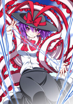 1girl black_hat black_skirt bow bowtie breasts closed_mouth commentary_request eichi_yuu frilled_shawl frilled_skirt frills hat hat_bow highres lightning long_skirt looking_at_viewer nagae_iku pink_eyes purple_hair red_bow red_bowtie shawl shirt short_hair skirt smile solo touhou white_shirt