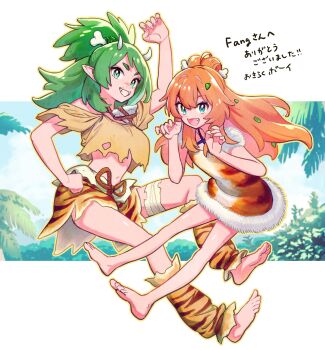 2girls 3am :d absurdres barefoot blue_eyes blush bone bone_hair_ornament breasts cavewoman commentary cropped_shirt dress english_commentary fang_guu fangs feet fur-trimmed_dress fur_trim green_eyes green_hair hair_between_eyes hair_ornament highres horns large_breasts leaf_in_hair leg_warmers long_hair meat_(vtuber) midriff multiple_girls navel okiraku_boy open_mouth orange_hair pelt pointy_ears small_breasts smile teeth tree virtual_youtuber white_background