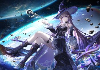 1girl absurdres ascot bare_shoulders black_dress black_hat boots breasts brown_hair closed_mouth collarbone commentary crossed_legs debris detached_sleeves dress floating floating_hair flower frilled_sleeves frills full_body hair_ornament hand_up hat hat_flower herta_(honkai:_star_rail) highres honkai:_star_rail honkai_(series) jewelry key key_necklace legs lens_flare light_smile long_hair long_sleeves looking_at_viewer necklace night night_sky planet purple_eyes rock sidelocks sitting sky solo space space_station star_(sky) starry_sky the_herta_(honkai:_star_rail) thigh_boots thighs tongyu two-sided_fabric two-sided_headwear very_long_hair white_ascot wide_sleeves witch_hat x_hair_ornament