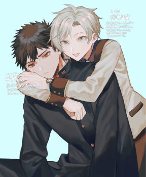 Rule 34 | 2boys, black hair, black pants, black shirt, blue background, blue eyes, closed mouth, collared shirt, commentary request, formal clothes, gakuran, highres, hug, hug from behind, inuzumi shibahiko (megechan), jacket, kowata shunki (megechan), long sleeves, looking at viewer, looking down, male focus, mege (megechan), multiple boys, necktie, open mouth, original, pants, red eyes, school uniform, shirt, short hair, simple background, sitting, suit, suit jacket, watch, white hair, white necktie, white suit, wristwatch