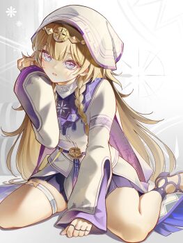 1girl absurdres blonde_hair blue_eyes braid chigusa7h commentary_request dress hand_up headdress headgear highres long_hair looking_at_viewer multicolored_eyes npc_(wuthering_waves) parted_lips purple_eyes purple_skirt sitting skirt solo two-tone_eyes wariza white_dress wuthering_waves