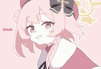 1girl black_bow blue_archive bow capelet hair_bow hair_bun halo hashtag-only_commentary hat highres looking_at_viewer official_alternate_costume outline pink_background pink_capelet pink_eyes pink_hair pink_hat pink_theme pixel_art portrait serina_(blue_archive) serina_(christmas)_(blue_archive) short_hair_with_long_locks simple_background single_side_bun slmnk10124 smile solo white_outline yellow_halo