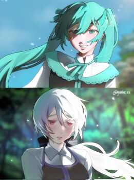 2girls aqua_eyes aqua_hair clarith_(evillious_nendaiki) colored_eyelashes commentary english_commentary evillious_nendaiki floating_hair grin hatsune_miku highres long_hair looking_at_viewer michaela_(evillious_nendaiki) multiple_girls nyankoo_33 parted_lips ponytail red_eyes smile split_screen twintails twitter_username vocaloid white_hair yowane_haku