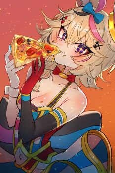Rule 34 | 1girl, absurdres, animal ear fluff, animal ears, black streaks, blonde hair, blue nails, breasts, cleavage, dress, eating, elbow gloves, food, fox ears, fox girl, gloves, hair ornament, hairpin, highres, holding, holding food, holding pizza, hololive, looking at viewer, medium breasts, medium hair, multicolored hair, nail polish, omaru polka, omaru polka (1st costume), pink nails, pink streaks, pizza, purple eyes, red gloves, solo, streaked hair, virtual youtuber, x hair ornament, yuuppi