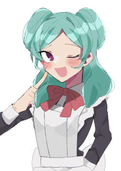 Rule 34 | 1girl, absurdres, alternate costume, apron, aqua hair, back bow, beta (inazuma eleven), black dress, blush, bow, commentary, double bun, dress, finger to cheek, frilled apron, frills, hair bun, highres, inazuma eleven (series), inazuma eleven go, inazuma eleven go chrono stone, maid, maid apron, one eye closed, purple eyes, red bow, seikawa1110, smile, white background, white bow