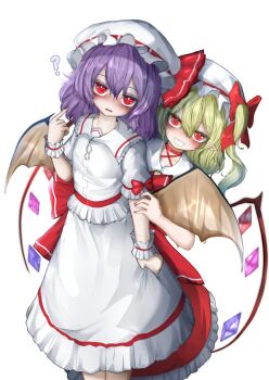 2girls ? absurdres ascot bat_wings behind_another blonde_hair blush bow collared_shirt commentary cowboy_shot crystal crystal_wings flandre_scarlet frilled_shirt_collar frilled_skirt frills grin hat hat_ribbon highres itanase long_hair looking_at_viewer mob_cap multicolored_wings multiple_girls one_side_up pointing pointy_ears puffy_short_sleeves puffy_sleeves purple_hair red_bow red_eyes red_nails red_skirt red_vest remilia_scarlet ribbon shirt short_sleeves siblings simple_background sisters skirt skirt_set sleeve_bow smile touhou vest white_background white_hat white_shirt white_skirt wings wrist_cuffs yellow_ascot