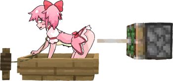 1girl all_fours artiction ass boat bow crossover female hair_bow kaname_madoka kaname_madoka_(magical_girl) leash loli looking_back machine magical_girl mahou_shoujo_madoka_magica mahou_shoujo_madoka_magica_(anime) minecraft nervous pink_eyes pink_hair piston scared solo sweat watercraft