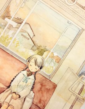 1girl bag black_shirt blue_neckerchief braid braided_twintails building chyoma closed_eyes commentary dutch_angle facing_viewer feet_out_of_frame hands_on_lap highres long_sleeves neckerchief open_mouth original own_hands_together painting_(medium) parted_bangs pleated_skirt sailor_collar school_bag school_uniform serafuku shirt sitting skirt solo swept_bangs symbol-only_commentary traditional_media train_interior turtleneck turtleneck_shirt twin_braids twintails watercolor_(medium) white_bag white_sailor_collar white_skirt window