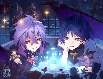 Rule 34 | 2boys, blue light, book, commentary request, dark, dragon, dragon boy, dragon horns, dragon wings, genshin impact, hand on own chin, heart, highres, horns, looking at another, looking at object, mini durin (dragon) (genshin impact), mini durin (genshin impact), mini durin (human) (genshin impact), multicolored hair, multiple boys, nagi yusura, open book, open mouth, paper, scaramouche (genshin impact), smile, snow, sparkle, wanderer (genshin impact), window, wings