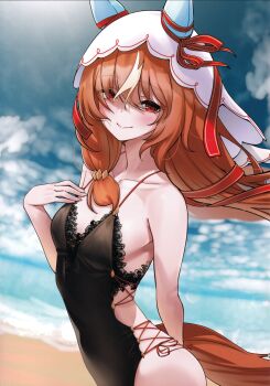 1girl absurdres animal_ears beach black_one-piece_swimsuit blue_sky breasts brown_hair closed_mouth cloud collarbone cowboy_shot day hair_between_eyes herohero_(higashi_no_dou) highres horse_ears horse_girl horse_tail long_hair looking_at_viewer multicolored_hair non-web_source ocean one-piece_swimsuit outdoors red_eyes scan side-tie_one-piece_swimsuit sky small_breasts smile solo still_in_love_(umamusume) streaked_hair swimsuit tail third-party_source umamusume veil white_hair white_veil