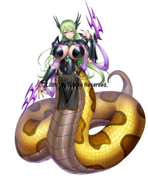 armor black_nails black_shoes bracer breasts commentary_request copyright_notice covered_navel earrings feather_hair_ornament feathers fingernails full_body green_hair hair_ornament highres jewelry lamia large_breasts long_fingernails long_hair looking_at_viewer monster_girl official_art pelvic_curtain purple_lips second-party_source shoes shoulder_armor standing taimanin_(series) taimanin_rpgx vasuki_(taimanin) white_background yellow_eyes yuumaru_(you-mya)