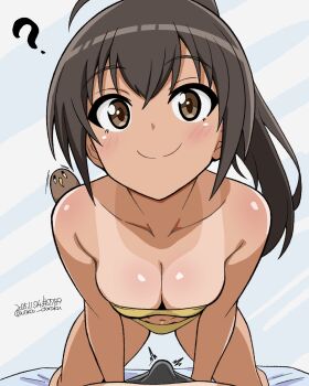 1boy 1girl ? absurdres bikini bird black_hair blush breasts brown_eyes bulge cleavage closed_mouth collarbone commentary_request erection erection_under_clothes hetero highres kiwi_(bird) large_breasts long_hair looking_at_viewer luminous_witches manaia_matawhaura_hato navel ponytail pov smile swimsuit tan tanline unkai_daraku world_witches_series yellow_bikini