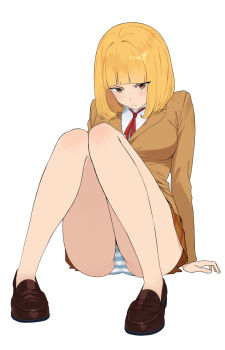 Rule 34 | 1girl, blonde hair, breasts, brown eyes, brown jacket, brown shoes, commentary, gyunzai, highres, jacket, loafers, looking at viewer, medium breasts, midorikawa hana, no socks, panties, prison school, school uniform, shoes, short hair, simple background, sitting, solo, striped clothes, striped panties, underwear, white background