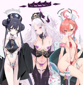 3girls alternate_breast_size_(larger) bikini black_hair black_halo blue_archive breasts character_request commentary covered_erect_nipples dishwasher1910 english_commentary grey_eyes grey_halo halo highres hina_(blue_archive) horns kisaki_(blue_archive) multiple_girls narrow_waist navel neru_(blue_archive) petite pink_background purple_eyes red_eyes red_hair red_slingshot_swimsuit simple_background slingshot_swimsuit small_breasts swimsuit thong thong_bikini white_hair