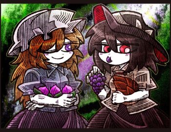 bamboo_shoot black_hair black_hat black_skirt blonde_hair blue_collar blue_shirt blush bow collar eating food fruit grapes hair_between_eyes hat hat_bow holding holding_food maribel_hearn mob_cap neo-traditionalism_of_japan one_eye_closed peach purple_eyes purple_skirt red_eyes shirt short_sleeves skirt smile suenari_(peace) touhou translated usami_renko white_bow white_collar white_hat white_shirt