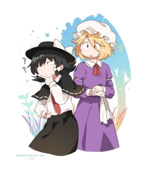 2boys ? aranako_hernandez arutea25 ascot black_capelet black_hair black_hat black_skirt blonde_hair bow brown_eyes capelet collared_dress commentary contrast_collar cosplay cowboy_shot cropped_legs dated dress english_commentary frilled_dress_collar hair_bow hand_on_own_chin hand_on_own_hip hat hat_bow highres itsuki_hayashi long_sleeves maribel_hearn maribel_hearn_(cosplay) medium_hair mob_cap multiple_boys necktie open_mouth original purple_dress red_ascot red_necktie ribbon-trimmed_capelet ribbon_trim sash shirt shirt_tucked_in skirt sleeve_garter star_(symbol) touhou tree twitter_username usami_renko usami_renko_(cosplay) white_bow white_sash white_shirt