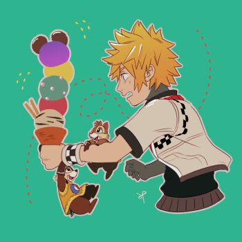 3boys blonde_hair chip_(disney) commentary_request dale_(disney) dotted_line furry furry_male hidden_mickey holding holding_ice_cream_cone ice_cream_cone jacket kingdom_hearts kingdom_hearts_ii male_focus mickey_mouse_&amp;_friends multiple_boys roxas sashimi_umasugi short-sleeved_jacket short_sleeves signature sweatdrop white_jacket wristband