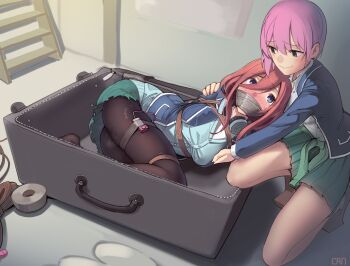 2girls arms_behind_back bdsm blush bondage bound bound_legs bound_torso bound_wrists cad_(caddo) egg_vibrator female_focus femdom gag gagged go-toubun_no_hanayome highres improvised_gag in_container in_suitcase incest kaddo kneeling long_bangs lying multiple_girls nakano_ichika nakano_miku no_shoes on_side pantyhose remote_control_vibrator restrained rolling_suitcase school_uniform sex_toy siblings sisters skirt smile suitcase take_it_home tape tape_gag taped_hands thighhighs twincest twins vibrator vibrator_cord vibrator_in_thigh_strap vibrator_under_clothes yuri