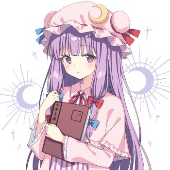 1girl blue_bow blunt_ends blush book bow crescent crescent_hat_ornament crescent_pin dress frills hashtag-only_commentary hat hat_ornament highres holding holding_book long_hair low-tied_sidelocks mob_cap patchouli_knowledge pink_dress purple_eyes purple_hair red_bow red_ribbon ribbon setteiset sidelocks simple_background single_sidelock solo solo_focus striped_clothes striped_dress touhou vertical-striped_clothes vertical-striped_dress very_long_hair white_background