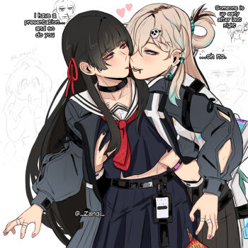 4girls absurdres aemeath_(wuthering_waves) arm_cutout black_choker black_hair black_jacket black_shirt black_skirt blonde_hair blush braid braided_bangs breasts chisa_(wuthering_waves) choker clothing_cutout collarbone earrings english_text eye_contact female_rover_(wuthering_waves) food food_in_mouth hair_ornament hair_ribbon hand_under_clothes heart highres id_card jacket jewelry long_hair long_sleeves looking_at_another lynae_(wuthering_waves) mole mole_under_eye multicolored_hair multiple_girls neckerchief pocky pocky_in_mouth red_eyes red_neckerchief red_ribbon ribbon rover_(wuthering_waves) sailor_collar shirt skirt skull_hair_ornament small_breasts star_(symbol) star_earrings streaked_hair white_sailor_collar wuthering_waves yuri zanqi