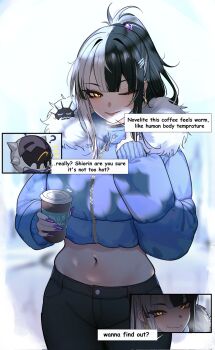 blush coffee commentary doujenrad ear_piercing earrings english_commentary english_text hair_ornament highres hololive hololive_english hoop_earrings jewelry midriff multicolored_hair novelites_(shiori_novella) one_eye_closed piercing shiori_novella split-color_hair winter_clothes yellow_eyes yorick_(shiori_novella)