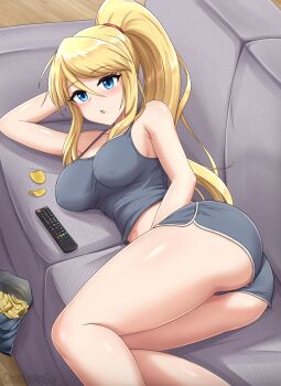 1girl :o ass blonde_hair blue_eyes breasts camisole canadiananiguy chips_(food) controller couch covered_erect_nipples elbow_rest food grey_camisole grey_shorts high_ponytail highres large_breasts lying metroid mole mole_under_mouth nintendo on_side ponytail potato_chips remote_control samus_aran short_shorts shorts solo thighs