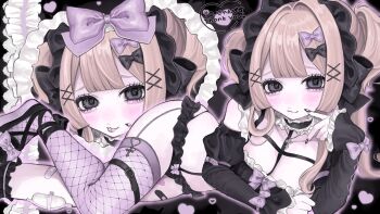 1girl :3 bandaid bandaid_on_leg belt black_bow black_headdress blonde_hair blush bow center-flap_bangs choker closed_mouth cross cross_choker detached_sleeves fishnet_thighhighs fishnets frilled_choker frills furrowed_brow grey_eyes hair_between_eyes hair_bow hair_ornament hashtag-only_commentary highres lying maid_headdress motsu_(timotimo451) multiple_views nail_polish on_side original pill_on_tongue purple_bow smile thigh_belt thigh_strap thighhighs tongue tongue_out two_side_up v x_hair_ornament