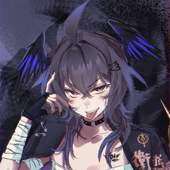 1girl ahoge alternate_costume bandaged_arm bandages black_nails braces chest_sarashi chest_tattoo choker commentary delinquent english_commentary enna_alouette enna_alouette_(decora) hair_between_eyes hair_ornament head_wings heart heart_hair_ornament highres jacket jacket_on_shoulders looking_at_viewer medium_hair nijisanji nijisanji_en o-ring o-ring_choker piercing purple_eyes purple_hair sarashi sif4q6011867 solo sukeban tattoo tongue tongue_out tongue_piercing virtual_youtuber wings wolf_cut