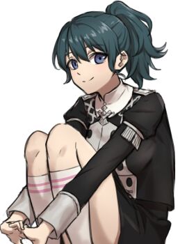 1girl alternate_hairstyle blue_eyes blue_hair commentary_request female_byleth_(academy)_(fire_emblem) female_byleth_(fire_emblem) fire_emblem fire_emblem:_three_houses garreg_mach_monastery_uniform hairband highres kneehighs knees_up long_sleeves looking_at_viewer medium_hair nintendo official_alternate_costume pink_hairband ponytail puffy_long_sleeves puffy_sleeves simple_background sitting socks solo white_background white_socks zuzu_(ywpd8853)