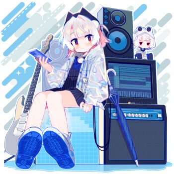 1girl amplifier aoi_tsuyu blue_bow blue_bowtie bow bowtie closed_umbrella commentary doll dress electric_guitar full_body guitar holding holding_phone instrument jacket long_sleeves looking_at_viewer open_clothes open_jacket phone pom_pom_(clothes) short_dress sitting speaker symbol-only_commentary ui_(voisona) umbrella voisona white_hair